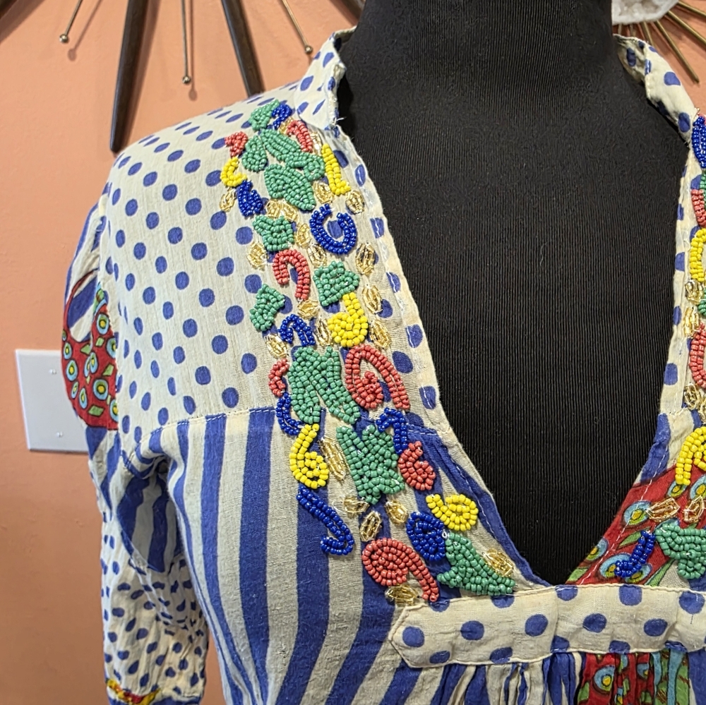 Positano By Jean Paul Small Blue & Cream Beaded Embellished V-Neck Tunic Top - Picture 10 of 16
